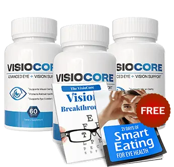 Three bottles of VisioCore eye health supplement with free bonus eBooks
